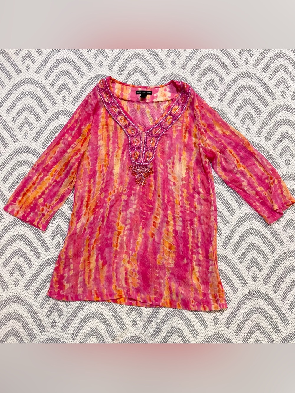 Chico’s Black Label Pink Orange Bling Blouse Small